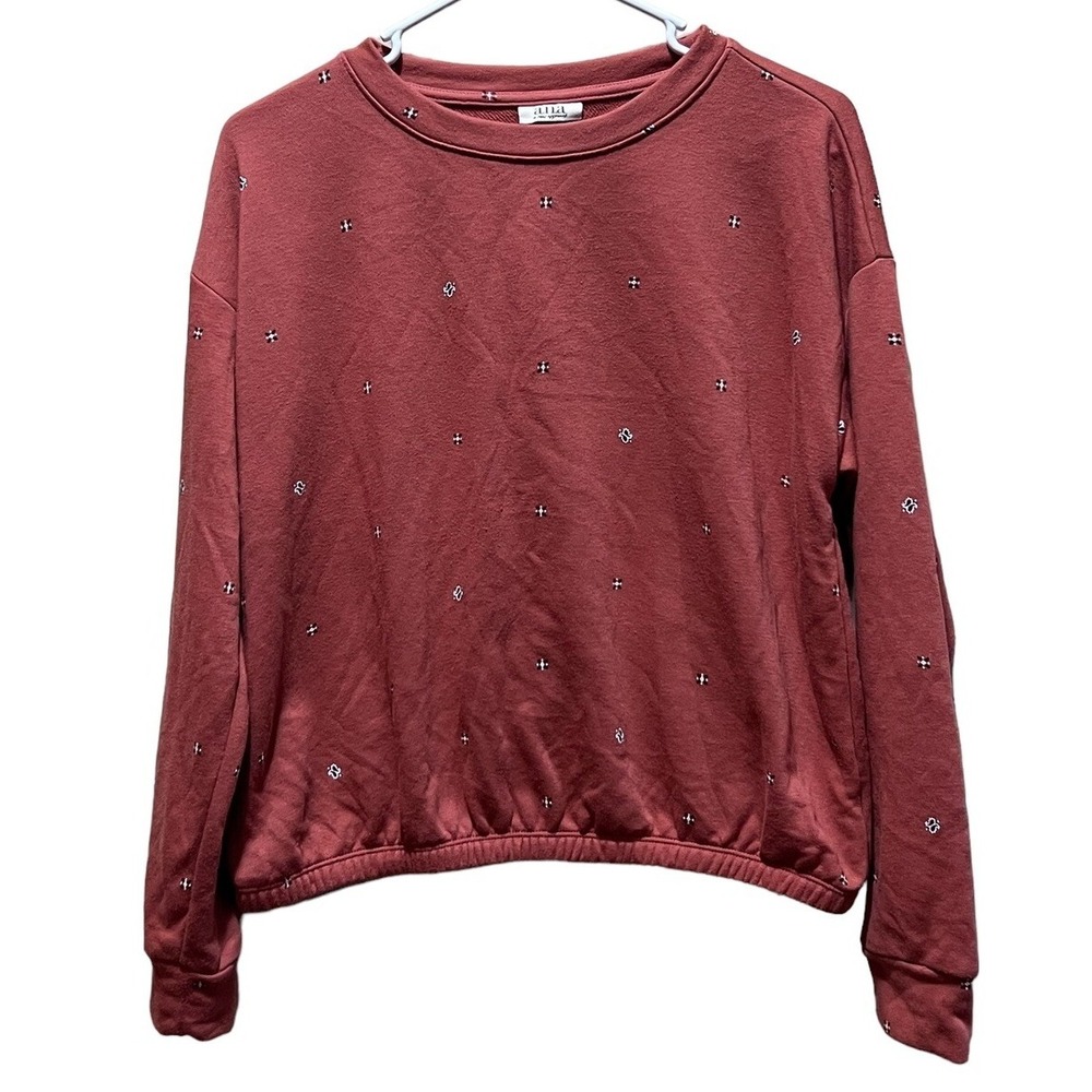 a.n.a Women's Medium Rust Embroidered Crewneck Pullover Sweatshirt Elastic Hem
